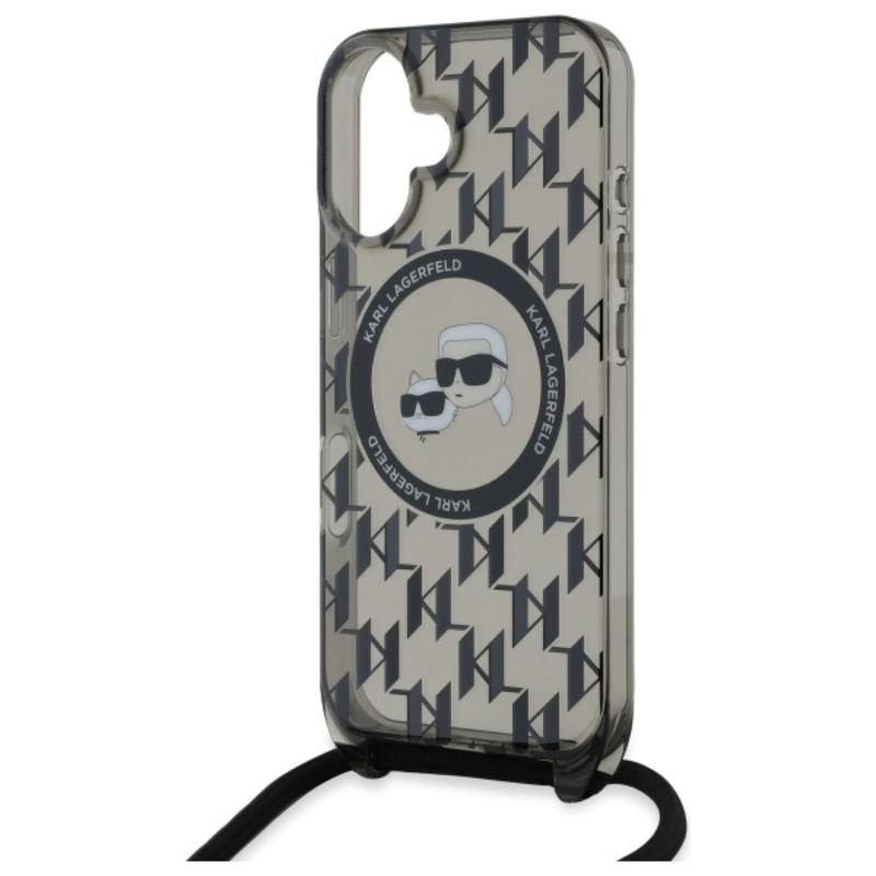 Karl Lagerfeld IML Crossbody Monogram Karl & Choupette Head MagSafe – dėklas, skirtas iPhone 16 (juodas)