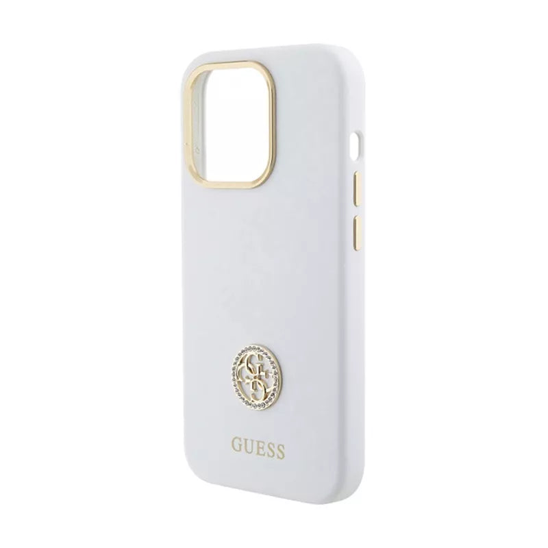 Guess Silikoninis Logotipo Strass 4G - iPhone 15 Pro Max dėklas (baltas)