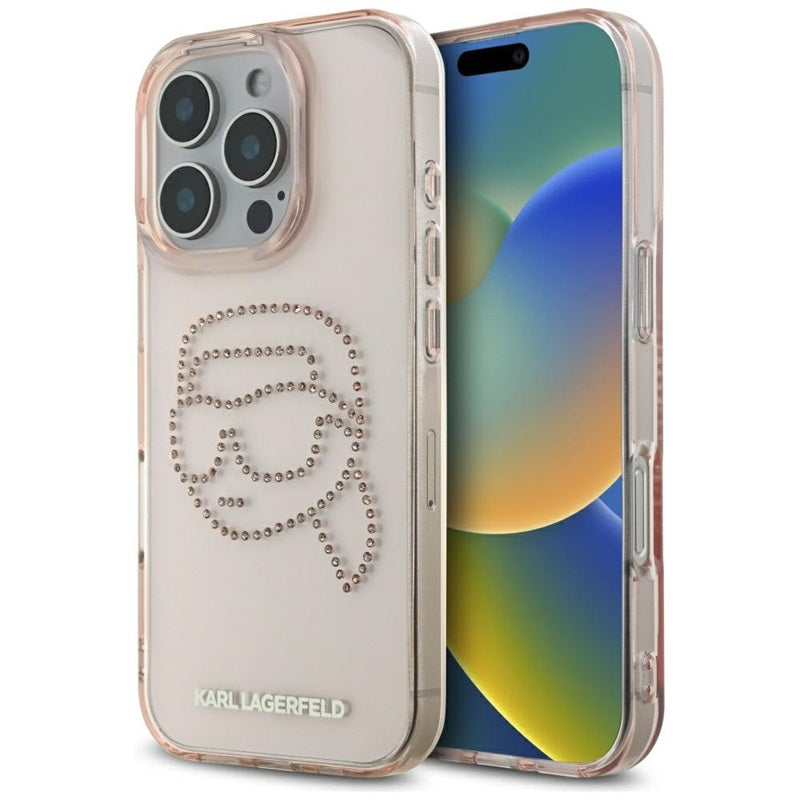 Karl Lagerfeld IML Rhinestones Karl Head – dėklas, skirtas iPhone 16 Pro (rožinis)