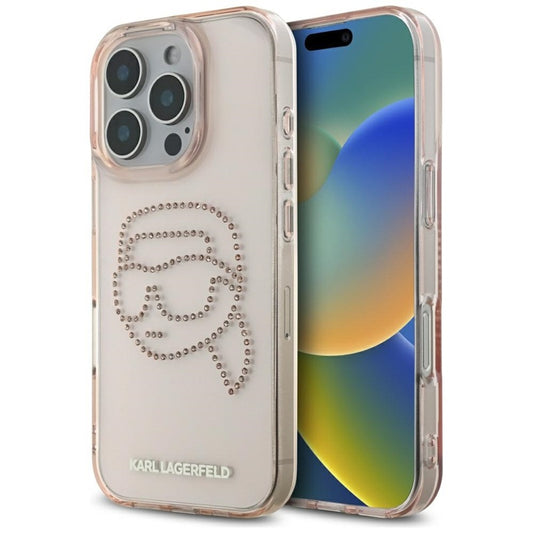 Karl Lagerfeld IML Rhinestones Karl Head – dėklas, skirtas iPhone 16 Pro (rožinis)