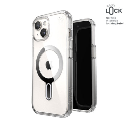 Speck Presidio Perfect-Clear ClickLock & Magsafe – dėklas, skirtas „iPhone 16e“ / „iPhone 15“ / „iPhone 14“ / „iPhone 13“ („Clear“ / „Chrome Finish“ / „Serene Silver“)