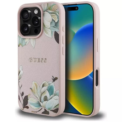 Guess Grūdėtas spausdinto gėlių rašto MagSafe - dėklas iPhone 16 Pro Max (rožinis)