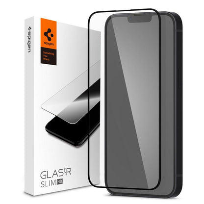 Spigen Glass FC – Grūdintas stiklas, skirtas iPhone 17e / 16e / 14 / 13 / 13 Pro (juodo rėmelio)
