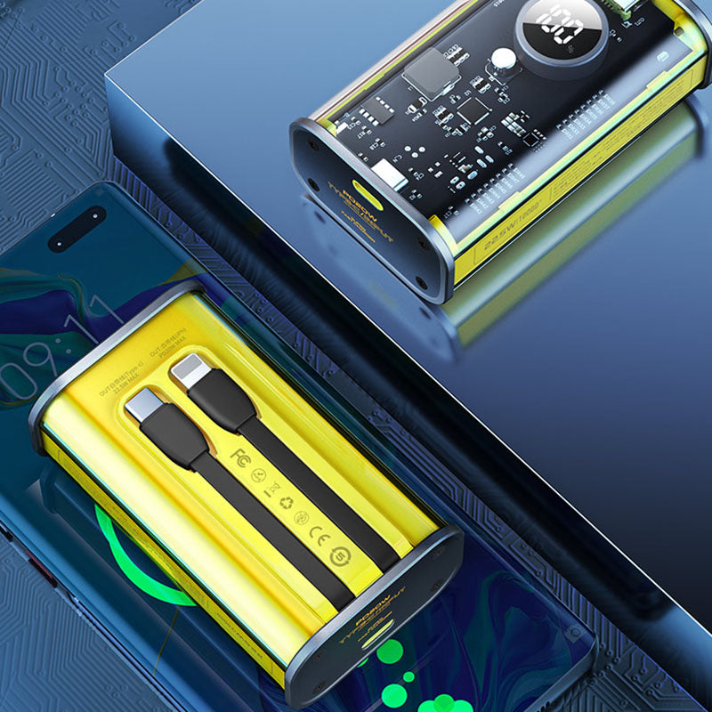 WEKOME WP-345 Vanguard Series - 10000 mAh greito įkrovimo maitinimo blokas su įmontuotais USB-C ir Lightning PD 20W laidais + QC 22.5W (geltonas)