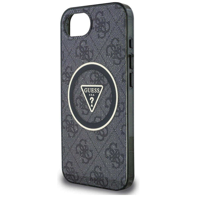 Guess IML Metal Glitter 4G Circle Triangle MagSafe – dėklas, skirtas iPhone 16e (juodas)