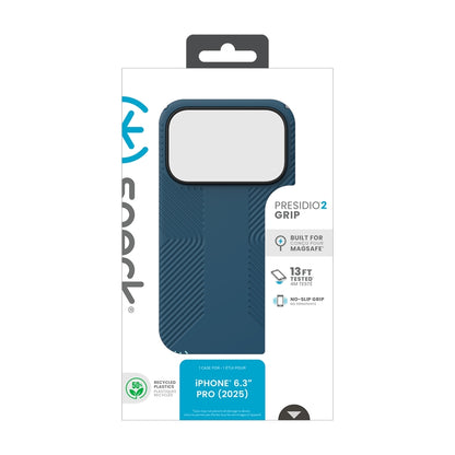 Speck Presidio2 Grip MagSafe – Dėklas iPhone 17 Pro (Tamsiai mėlynos / Sidabro metalo)