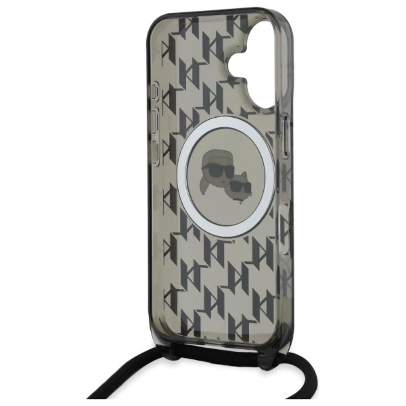 Karl Lagerfeld IML Crossbody Monogram Karl & Choupette Head MagSafe – dėklas, skirtas iPhone 16 (juodas)