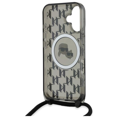 Karl Lagerfeld IML Crossbody Monogram Karl & Choupette Head MagSafe – dėklas, skirtas iPhone 16 (juodas)