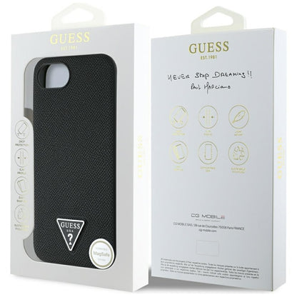 Guess Grained Triangle MagSafe - dėklas, skirtas iPhone 16e (juoda)