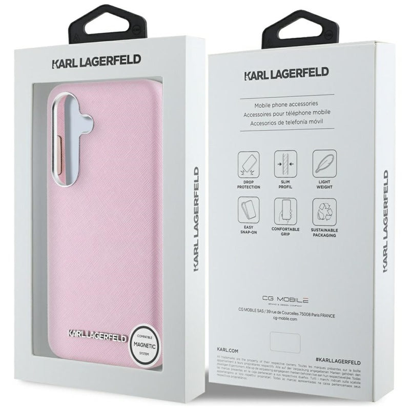 Karl Lagerfeld Saffiano „Full Wrapped Elongated Metal Logo MagSafe“ – „Samsung Galaxy S25“ dėklas (rožinė)