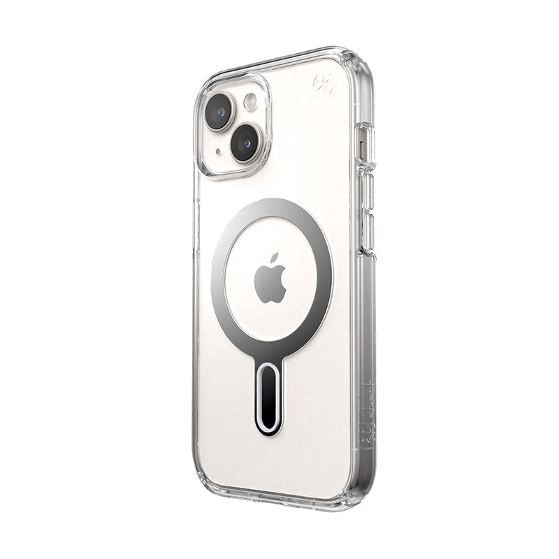 Speck Presidio Perfect-Clear ClickLock & Magsafe – dėklas, skirtas „iPhone 16e“ / „iPhone 15“ / „iPhone 14“ / „iPhone 13“ („Clear“ / „Chrome Finish“ / „Serene Silver“)