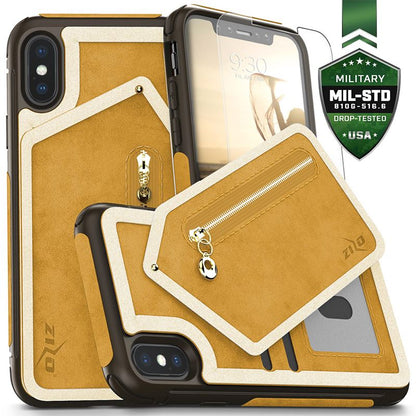 Zizo Nebula dėklas piniginė – nugarėlės piniginė ir kišenė su užtrauktuku bei grūdinto stiklo ekrano apsauga, skirta iPhone X (šviesiai ruda / ruda)