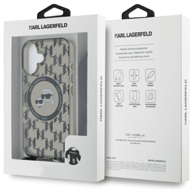 Karl Lagerfeld IML Crossbody Monogram Karl & Choupette Head MagSafe – dėklas, skirtas iPhone 16 (juodas)
