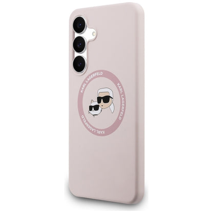 Karl Lagerfeld Silikoninis MagSafe dėklas su Karl & Choupette galvutėmis – Samsung Galaxy S25 FE (rožinis)