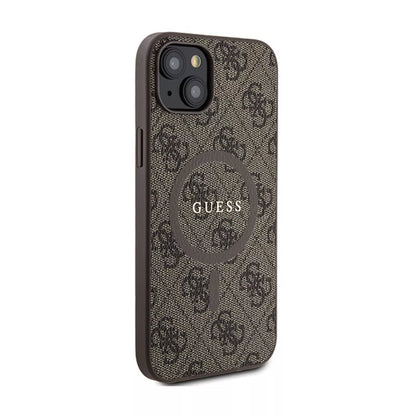 Guess 4G Collection Leather Metal Logo MagSafe – dėklas, skirtas iPhone 15 Plus / 14 Plus (rudas)