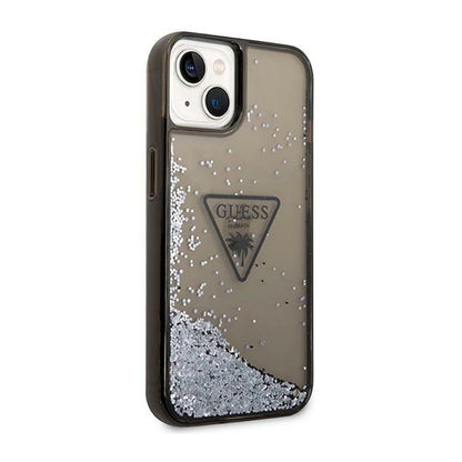 Guess Liquid Glitter Triangle Logo dėklas – dėklas, skirtas iPhone 14 Plus (juodas)