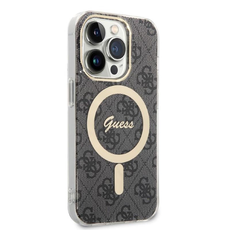 Guess Bundle Pack MagSafe 4G – Dėklas iPhone 14 Pro + MagSafe įkroviklis (juoda/auksinė)