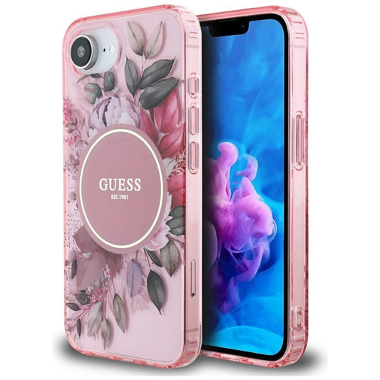 Guess IML Flowers MagSafe – dėklas skirtas iPhone 16e (rožinė)