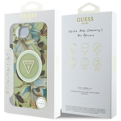 Guess IML Metal Glitter Flowers Triangle MagSafe – Dėklas iPhone 16e (žalias)