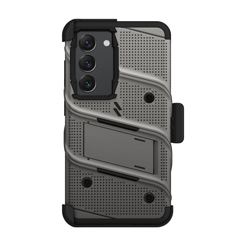 ZIZO BOLT serija – šarvuotas dėklas Samsung Galaxy S23 su 9H stiklu ekranui + laikiklis su stovu (pilka)