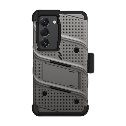 ZIZO BOLT serija – šarvuotas dėklas Samsung Galaxy S23 su 9H stiklu ekranui + laikiklis su stovu (pilka)