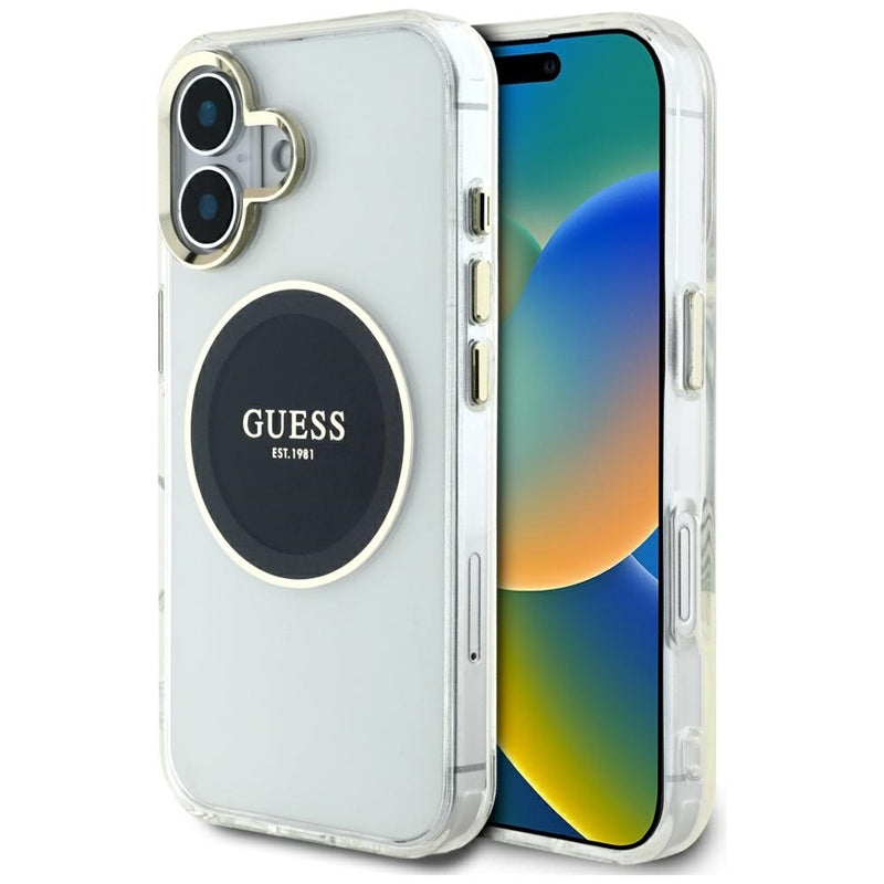 Guess IML Metal Colored Circle Classic Logo MagSafe – dėklas, skirtas „iPhone 16“ (juodas)