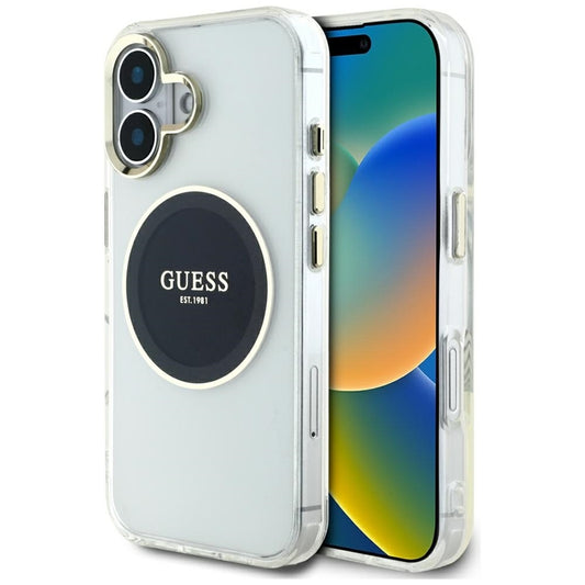 Guess IML Metal Colored Circle Classic Logo MagSafe – dėklas, skirtas „iPhone 16“ (juodas)