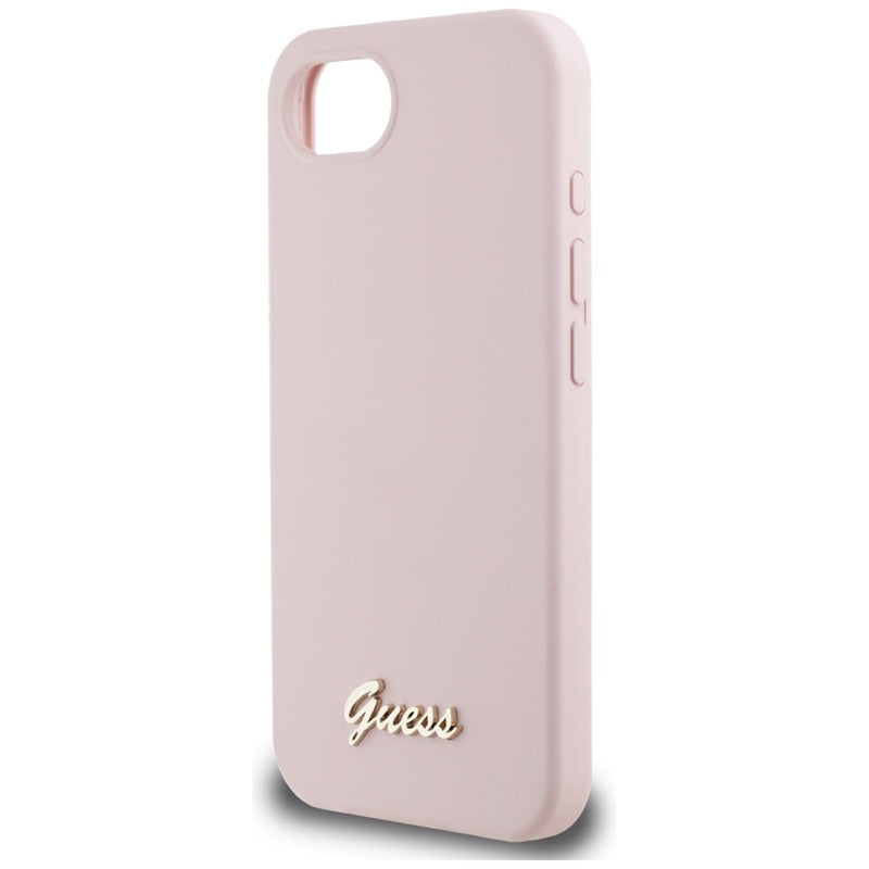 Guess Silicone Script Metal Logo MagSafe – dėklas skirtas iPhone 16e (rožinis)