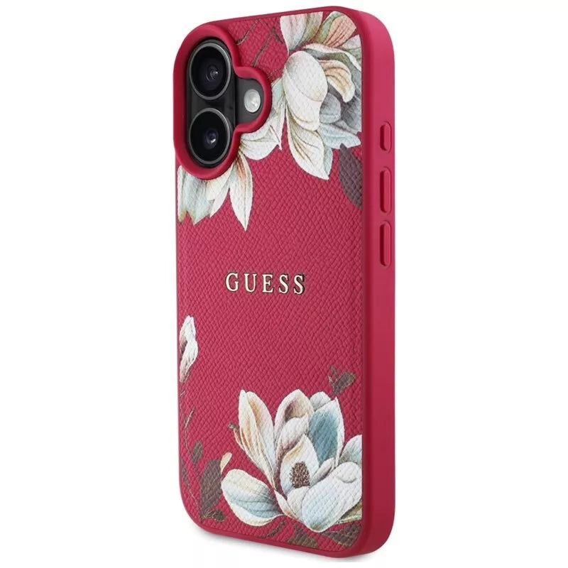 Guess Grained Printed Flower Pattern MagSafe – Dėklas iPhone 16 (fuksijos spalvos)