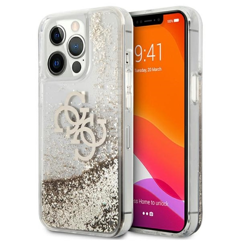 Guess Liquid Glitter 4G Big Logo – dėklas skirtas iPhone 13 Pro Max (aukso spalva)