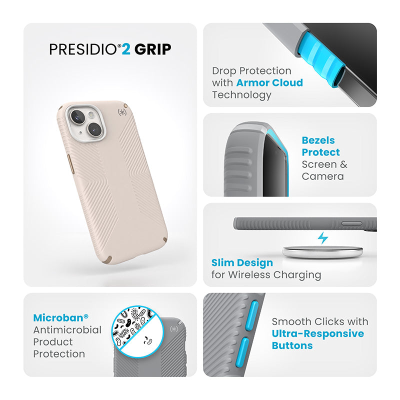 Speck Presidio2 Grip – dėklas iPhone 16e / iPhone 15 / iPhone 14 / iPhone 13 (Bleached Bone / Heirloom Gold / Hazel Brown)