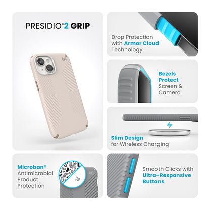 Speck Presidio2 Grip – dėklas iPhone 16e / iPhone 15 / iPhone 14 / iPhone 13 (Bleached Bone / Heirloom Gold / Hazel Brown)