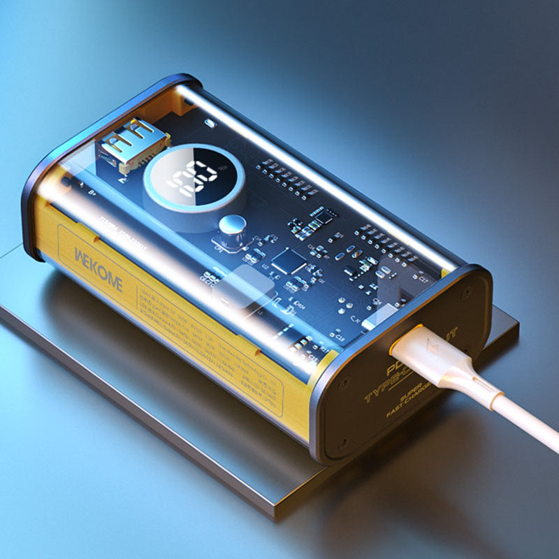 WEKOME WP-345 Vanguard Series - 10000 mAh greito įkrovimo maitinimo blokas su įmontuotais USB-C ir Lightning PD 20W laidais + QC 22.5W (geltonas)