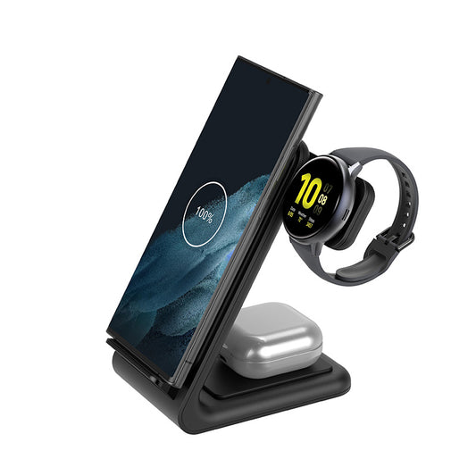 Crong PowerSpot Pivot Stand – 3in1 belaidis įkroviklis skirtas Samsung & Android telefonams, Galaxy Watch laikrodžiams ir TWS ausinėms (juoda)