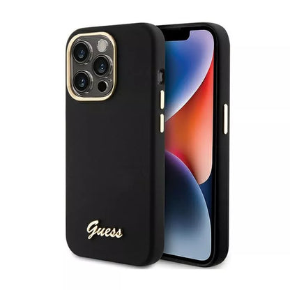 Guess Silicone Script Metal Logo & Frame – iPhone 15 Pro dėklas (juodas)