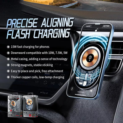 WEKOME WP-U202 Vanguard Series – Magnetinis automobilinis laikiklis su 15W MagSafe belaidžiu įkrovimu (Juoda)