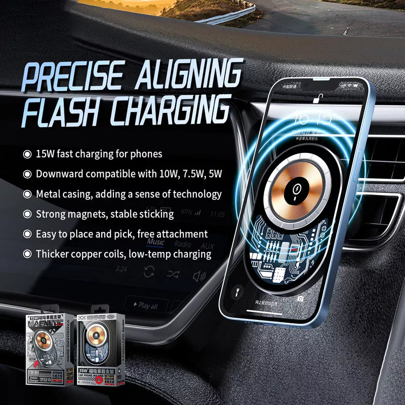 WEKOME WP-U202 Vanguard Series – Magnetinis automobilinis laikiklis su 15W MagSafe belaidžiu įkrovimu (Juoda)