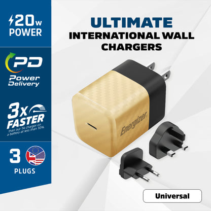 Energizer Ultimate - universalaus kištuko EU / UK / US GaN 20W PD tinklo įkroviklis (auksinis)