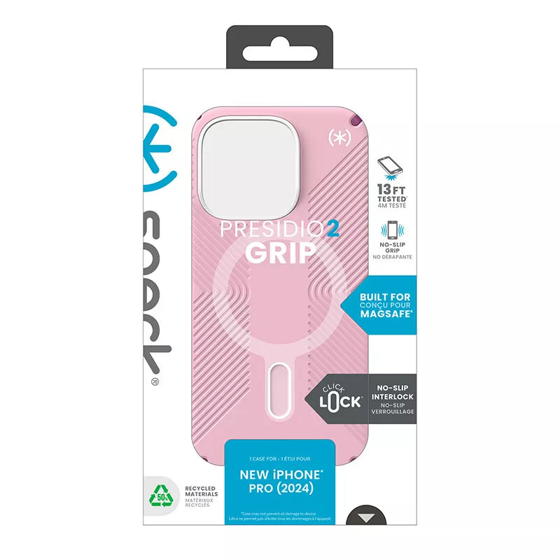 Speck Presidio2 Grip ClickLock & MagSafe – dėklas, skirtas iPhone 16 Pro (trečiadienio rožinė / Boysenberry violetinė / balta)