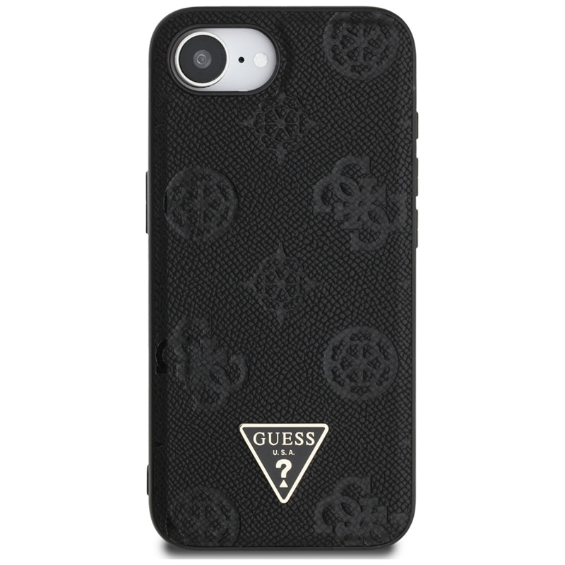 Guess Grained Hot Stamp Peony Triangle Logo MagSafe – dėklas iPhone 16e (juodas)