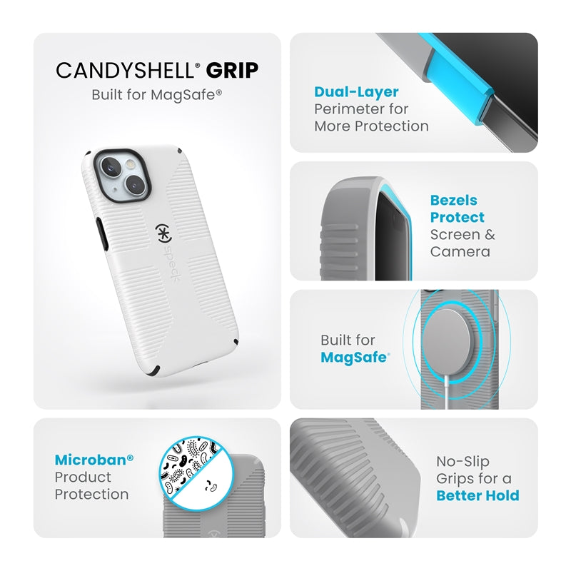 Speck Candyshell Grip MagSafe dėklas - iPhone 17e / 16e / 15 / 14 / 13 (baltas / juodas)