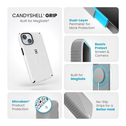 Speck Candyshell Grip MagSafe dėklas - iPhone 17e / 16e / 15 / 14 / 13 (baltas / juodas)