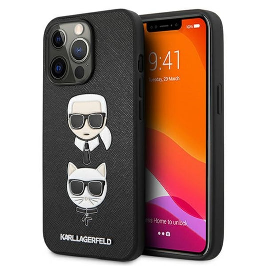 Karl Lagerfeld Saffiano Dėklas iPhone 13 Pro su Karl & Choupette reljefinėmis galvomis (Juodas)