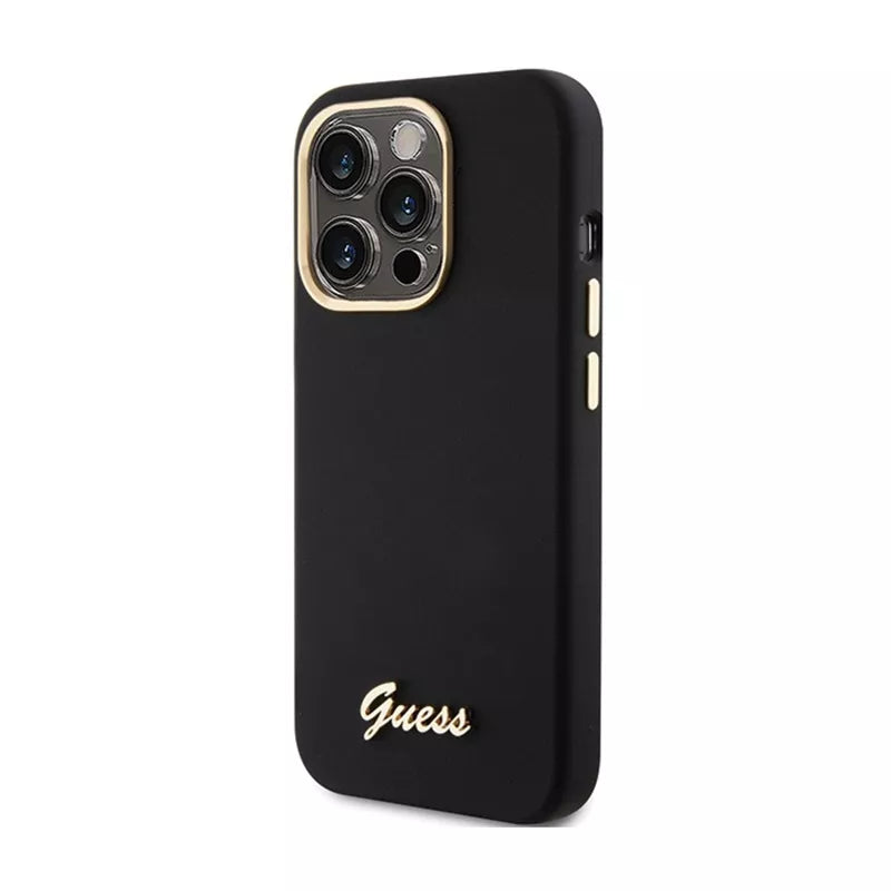 Guess Silicone Script Metal Logo & Frame – iPhone 15 Pro dėklas (juodas)