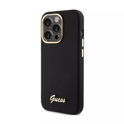 Guess Silicone Script Metal Logo & Frame – iPhone 15 Pro dėklas (juodas)