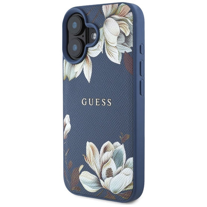 Guess MagSafe dėklas, skirtas iPhone 16 su grūdėta gėlių spauda (mėlynas)