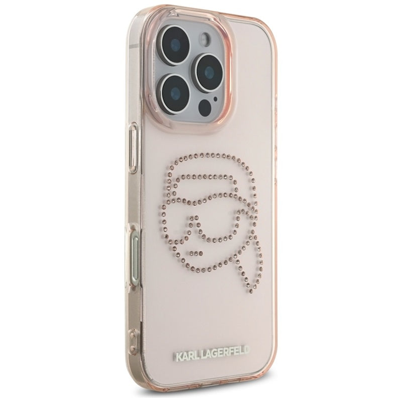 Karl Lagerfeld IML Rhinestones Karl Head – dėklas, skirtas iPhone 16 Pro (rožinis)