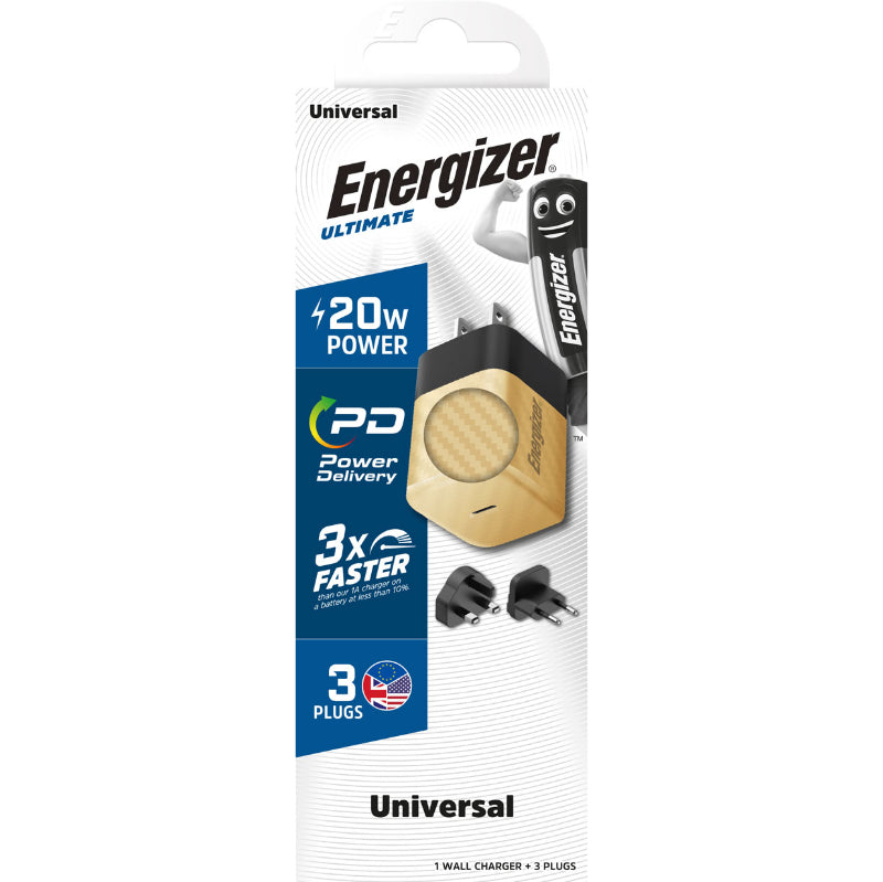 Energizer Ultimate - universalaus kištuko EU / UK / US GaN 20W PD tinklo įkroviklis (auksinis)