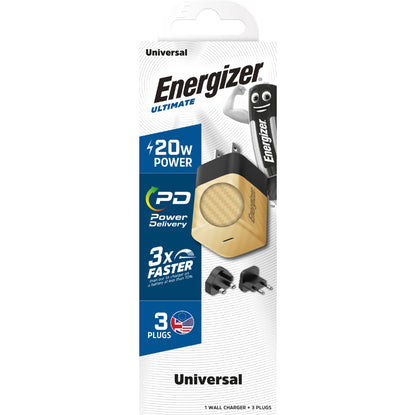 Energizer Ultimate - universalaus kištuko EU / UK / US GaN 20W PD tinklo įkroviklis (auksinis)