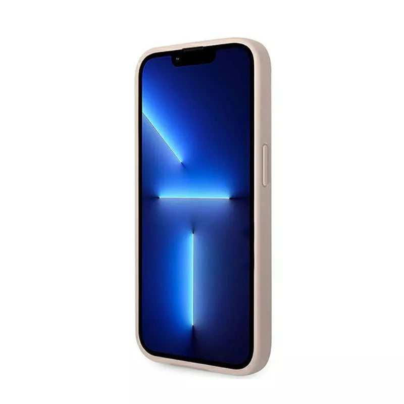 Guess 4G metalinis auksinis logotipas, skirtas iPhone 14 Pro dėklui (rožinis)